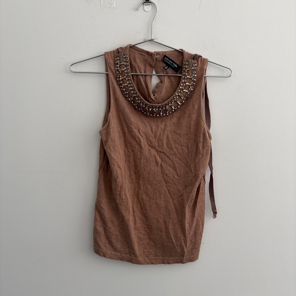 Jones New York Petite Brown Embellished Beaded Neck Sleeveless Top PS
